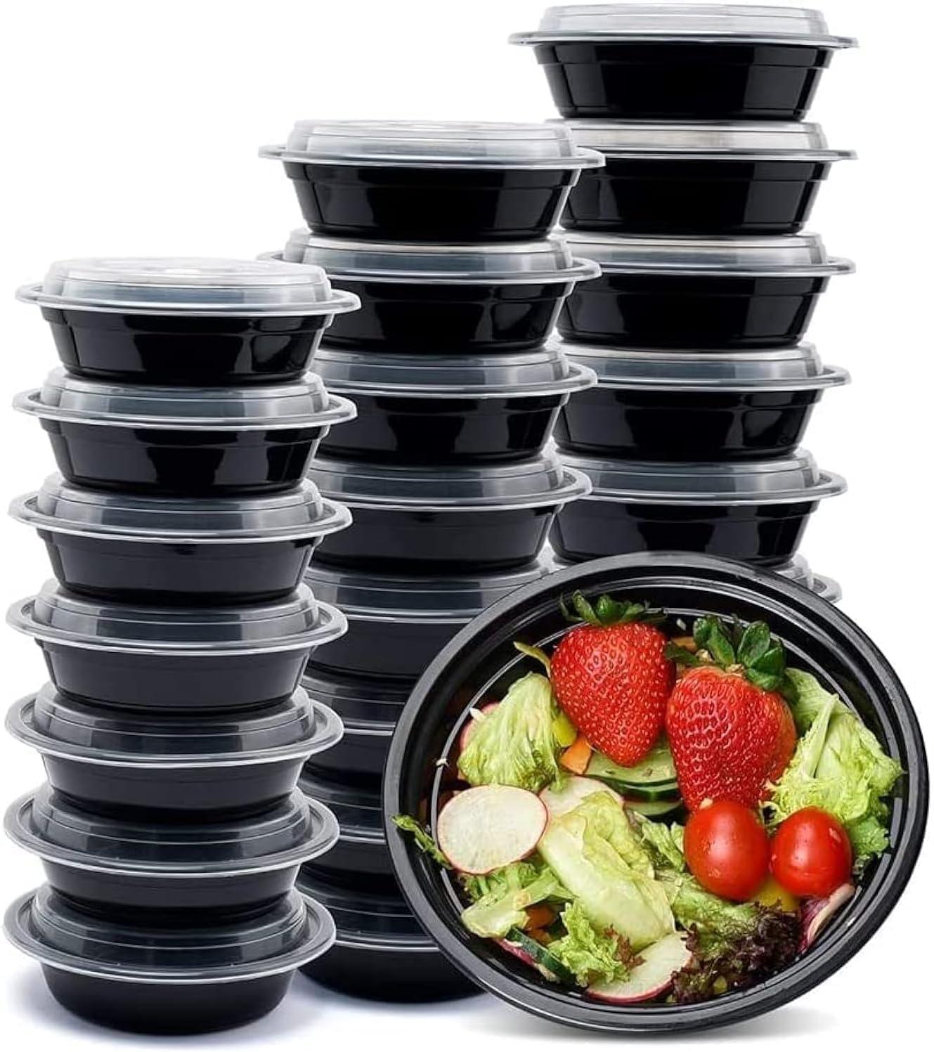 Diska NuLife 48oz Round Food Container 50 Pcs | Black PP Polypropylene Containers With Lids For Storage | Microwave & Freezer Safe | Eco-Friendly, BPA-Free
