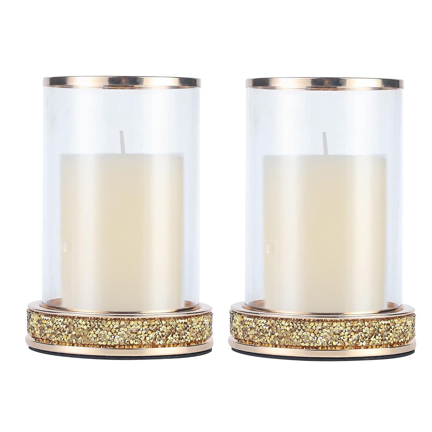 Pillar Candle Holders Set of 2,Hurricane Candle Holders,Candlesticks Holder With Glass Hurricane Lid,Metal Candle Holder For Coffee Dining Table, Wedding, Christmas, Home Decoration,Gold Candle Holder