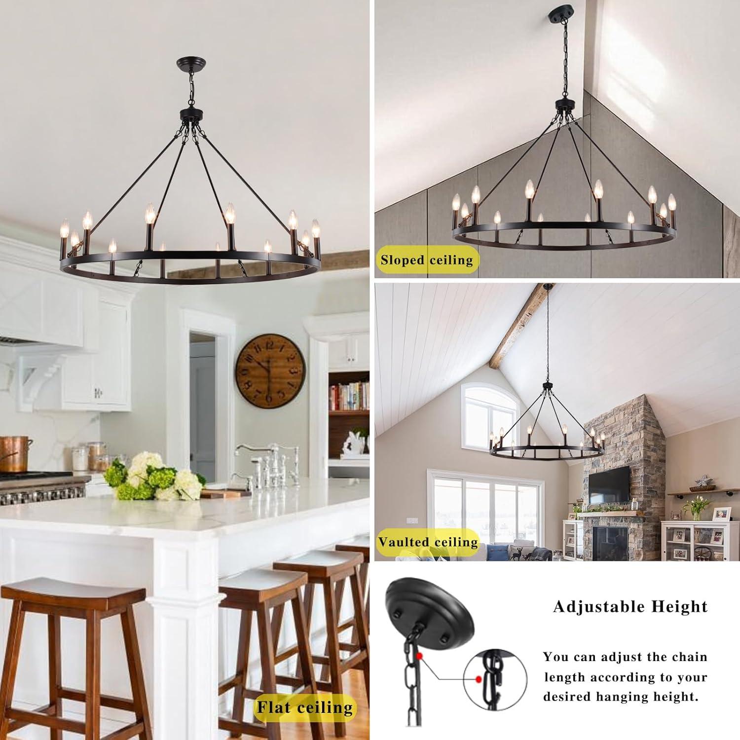 Black 38" Wagon Wheel 12-Light Industrial Farmhouse Chandelier