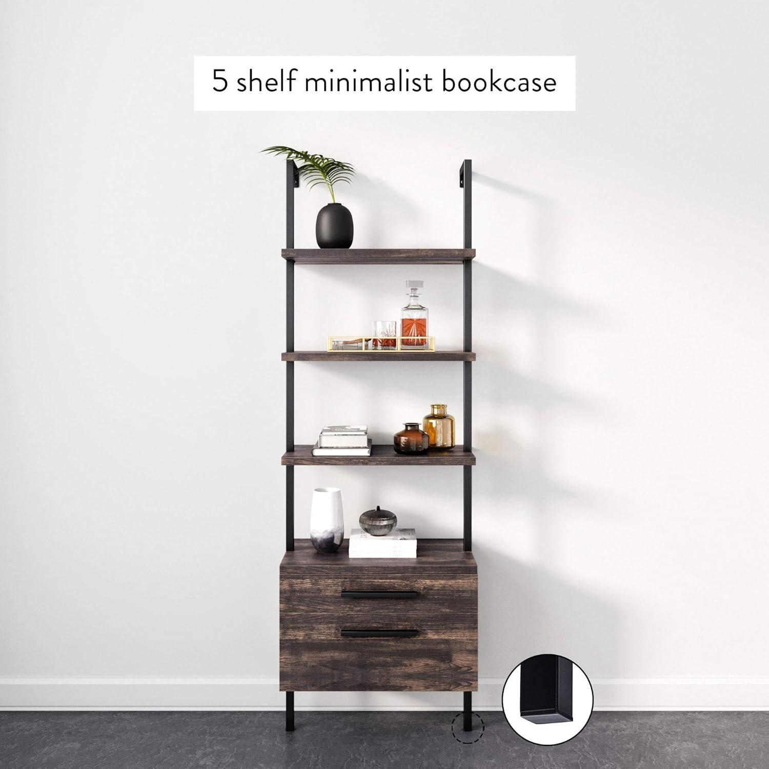 Nutmeg & Black Wood Ladder Bookshelf with Easy-Glide Drawers