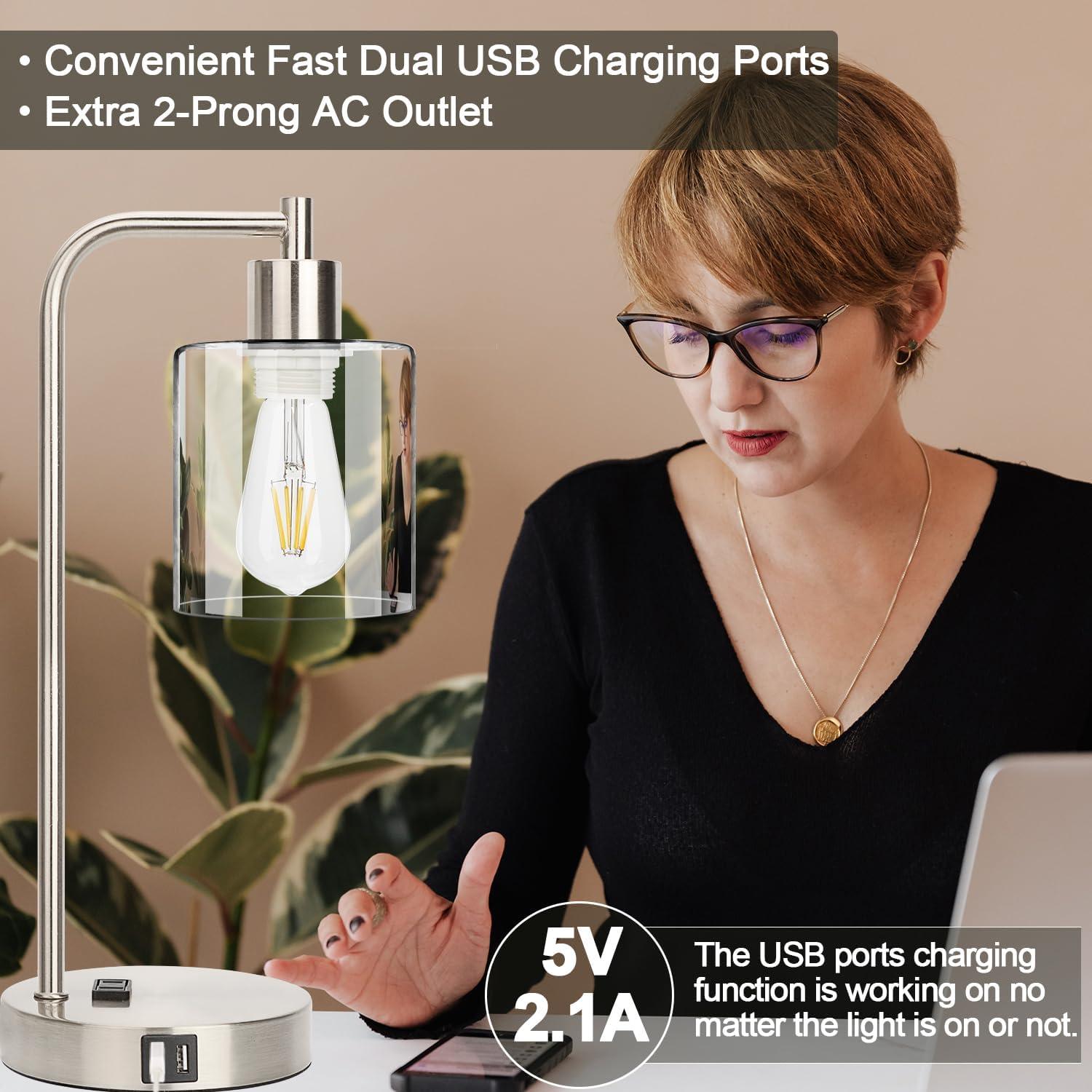 Industrial Nightstand Lamps for Bedrooms Set of 2 - Fully Dimmable Bedside Lamps with USB A C Ports and Outlet, Black Table Lamps with Clear Glass Shade for Living Room, Desk Lamps for Office Reading