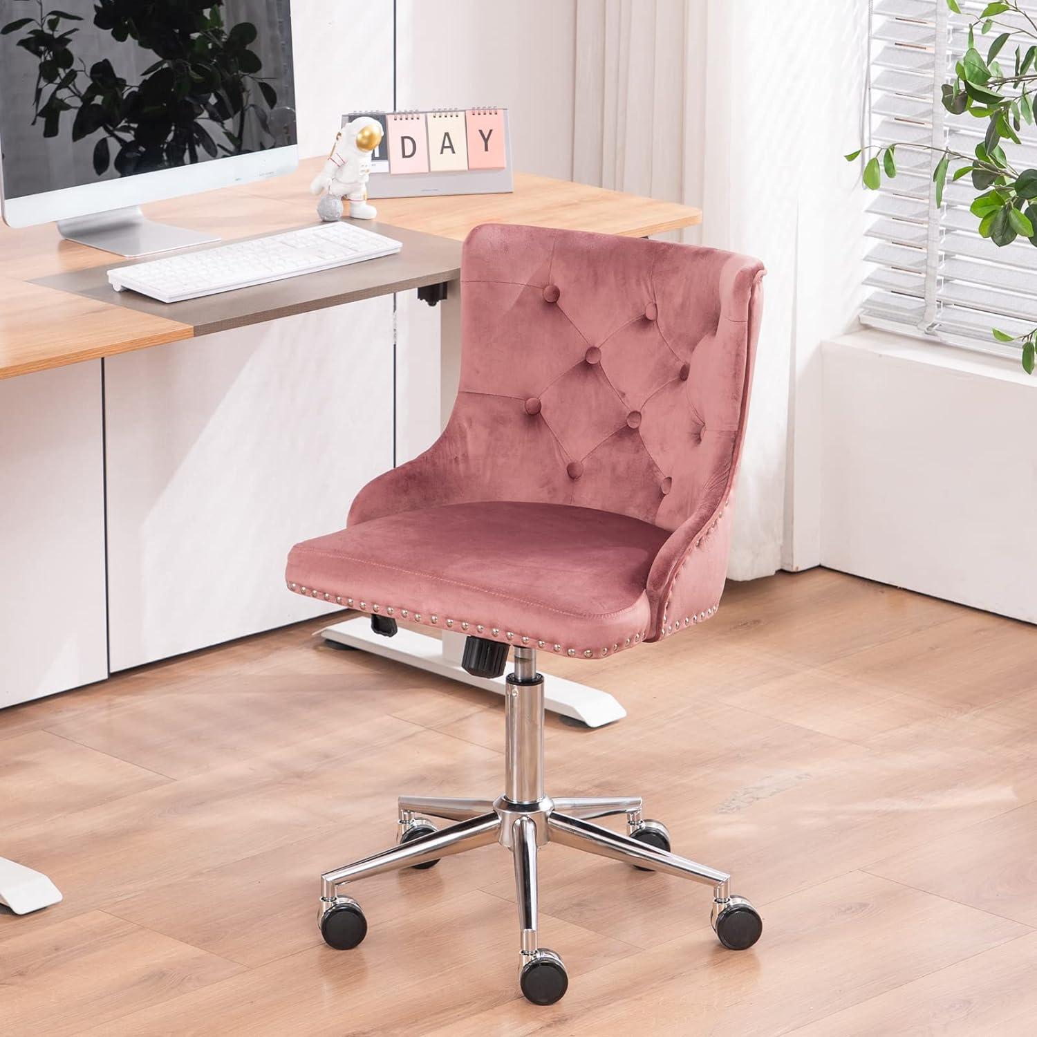 Pink Velvet Swivel Office Chair with Adjustable Height