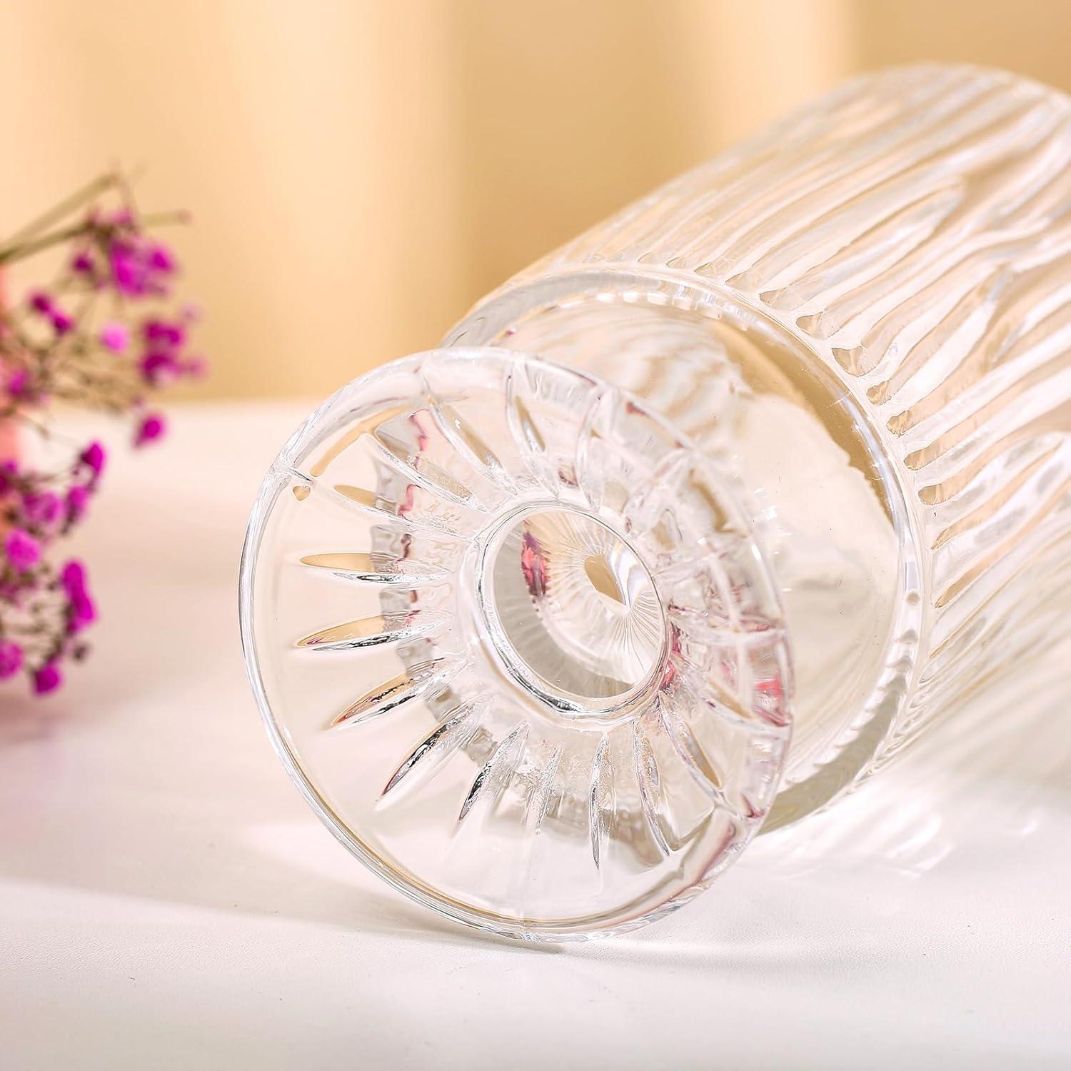 7 Inch Modern Glass Vase with Embossed Ribbed Base - Clear Hydroponic Design for Home Decor, Weddings Party Living Room, Dining Table Floral Arrangement Centerpiece