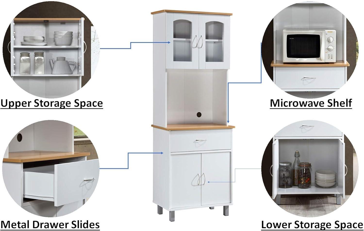 HODEDAH IMPORT Long Standing Kitchen Cabinet with Top & Bottom Enclosed Cabinet Space, One Drawer, Large Open Space for Microwave, White