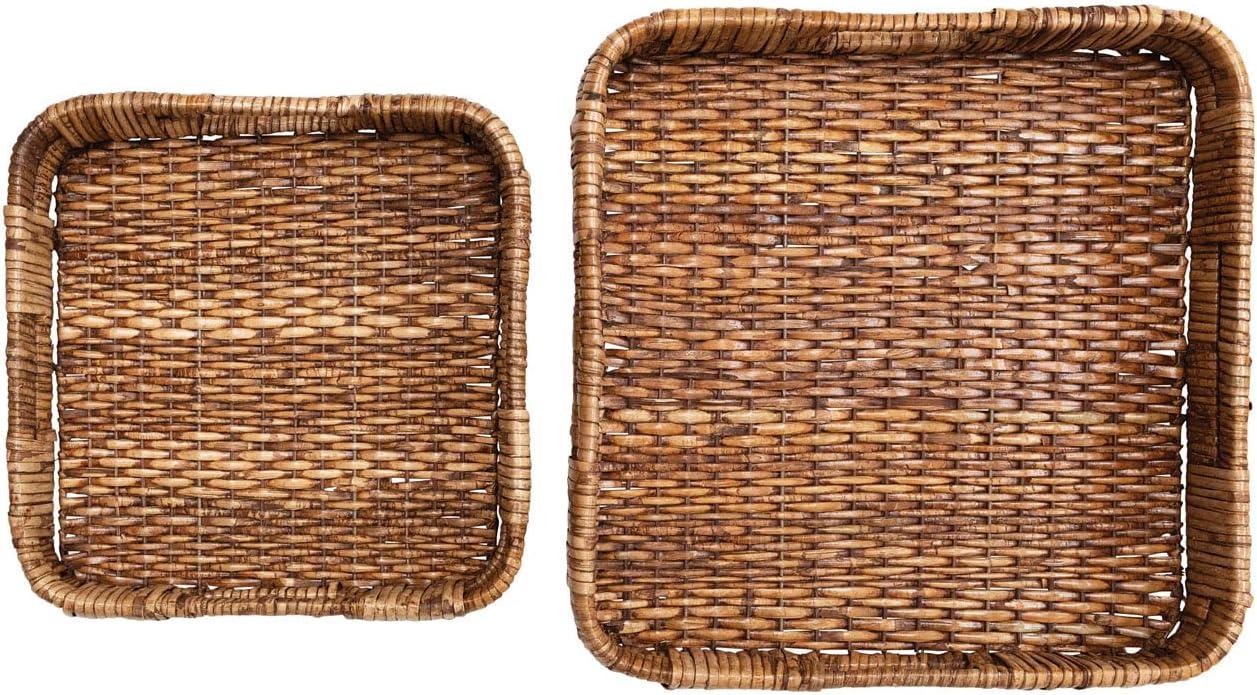 Creative Co-Op Hand-Woven Rattan Trays with Handles, Set of 2