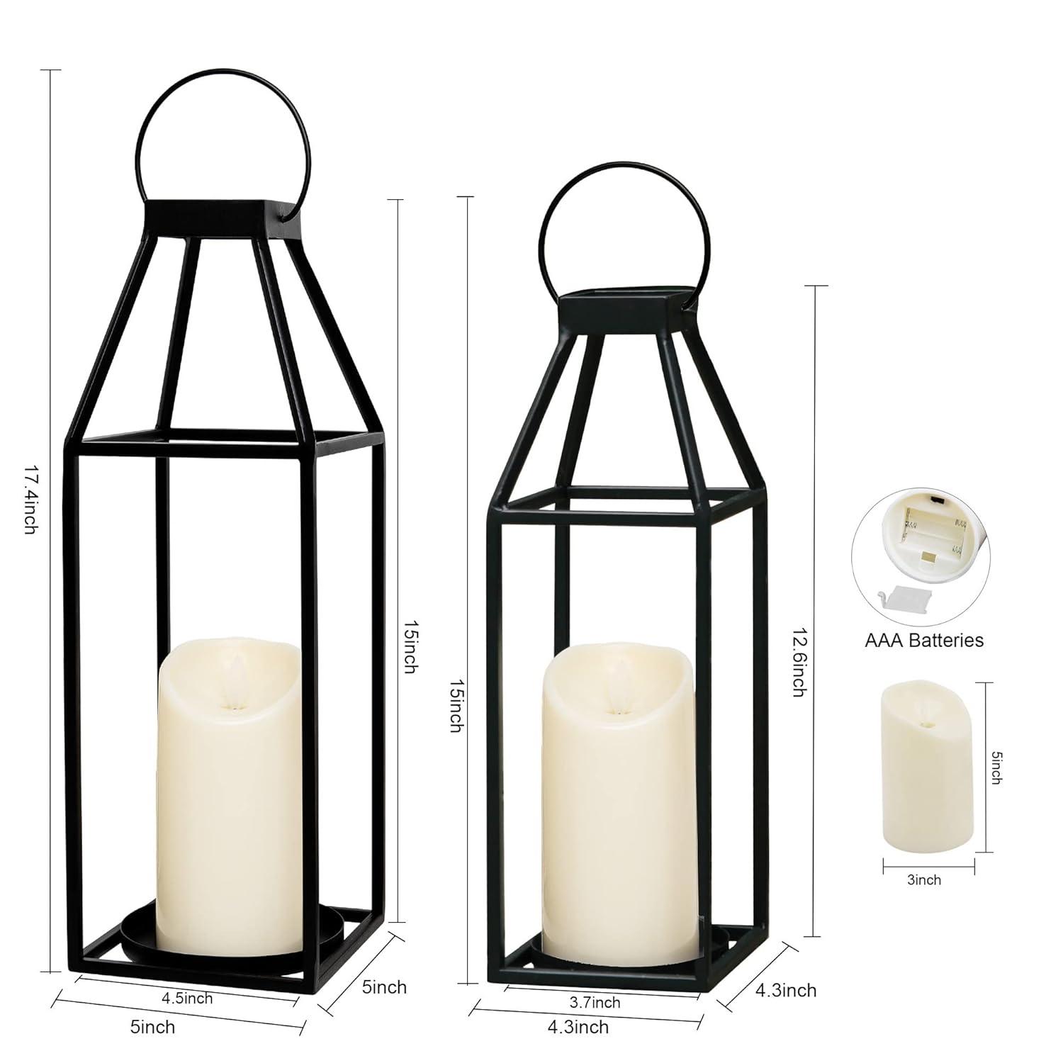 HPC Decor Black Metal Candle Lanterns Set of 2- Lanterns Decorative with Flickering Timer Candles- 17.4'' & 15'' Rustic Farmhouse Lanterns Candle Holder for Indoor, Outdoor, Tabletop (No Glass)