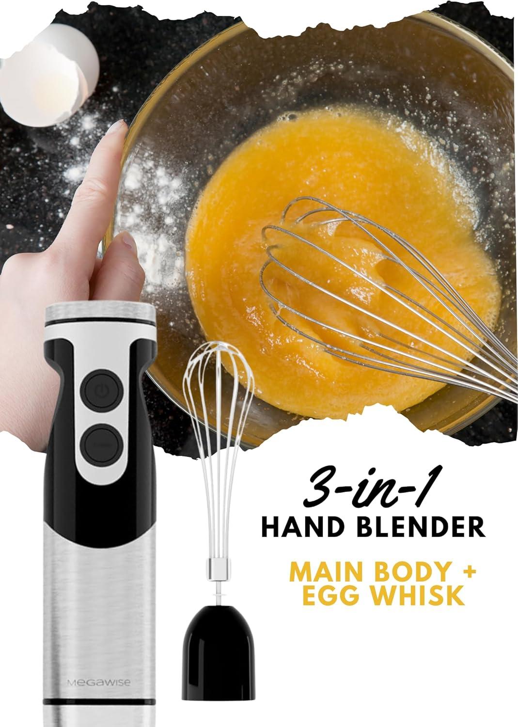 MegaWise Stainless Steel Titanium Reinforced 3-in-1 Immersion Hand Blender, Powerful with 80% Sharper Blades, 12-Speed Corded Blender, Including Whisk and Milk Frother (3-in 1 Black)