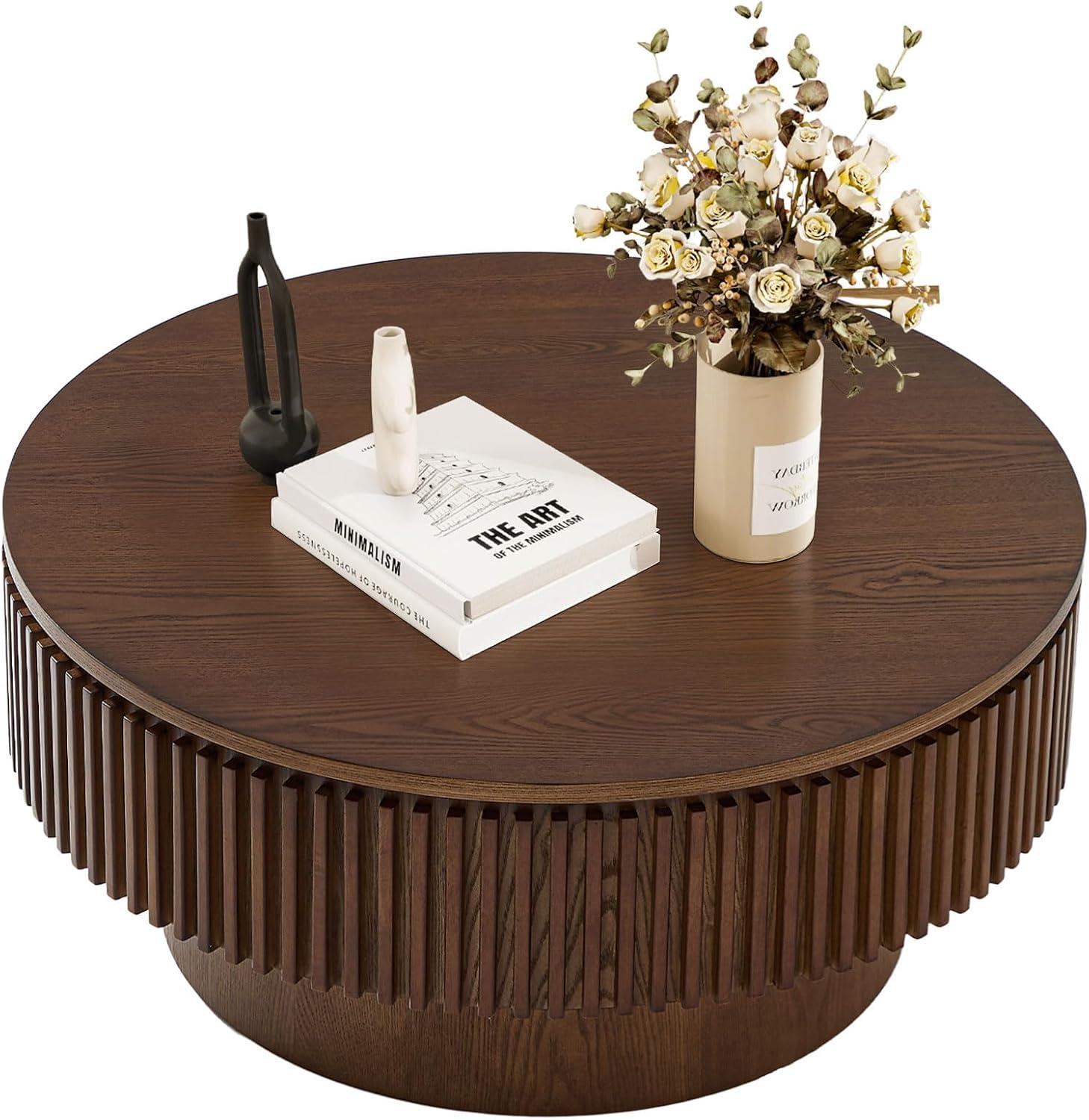 31.5" Round Wood Coffee Table with Storage - Modern Drum Circle Fluted Side Table for Apartment, Office - Easy Assembly, Walnut