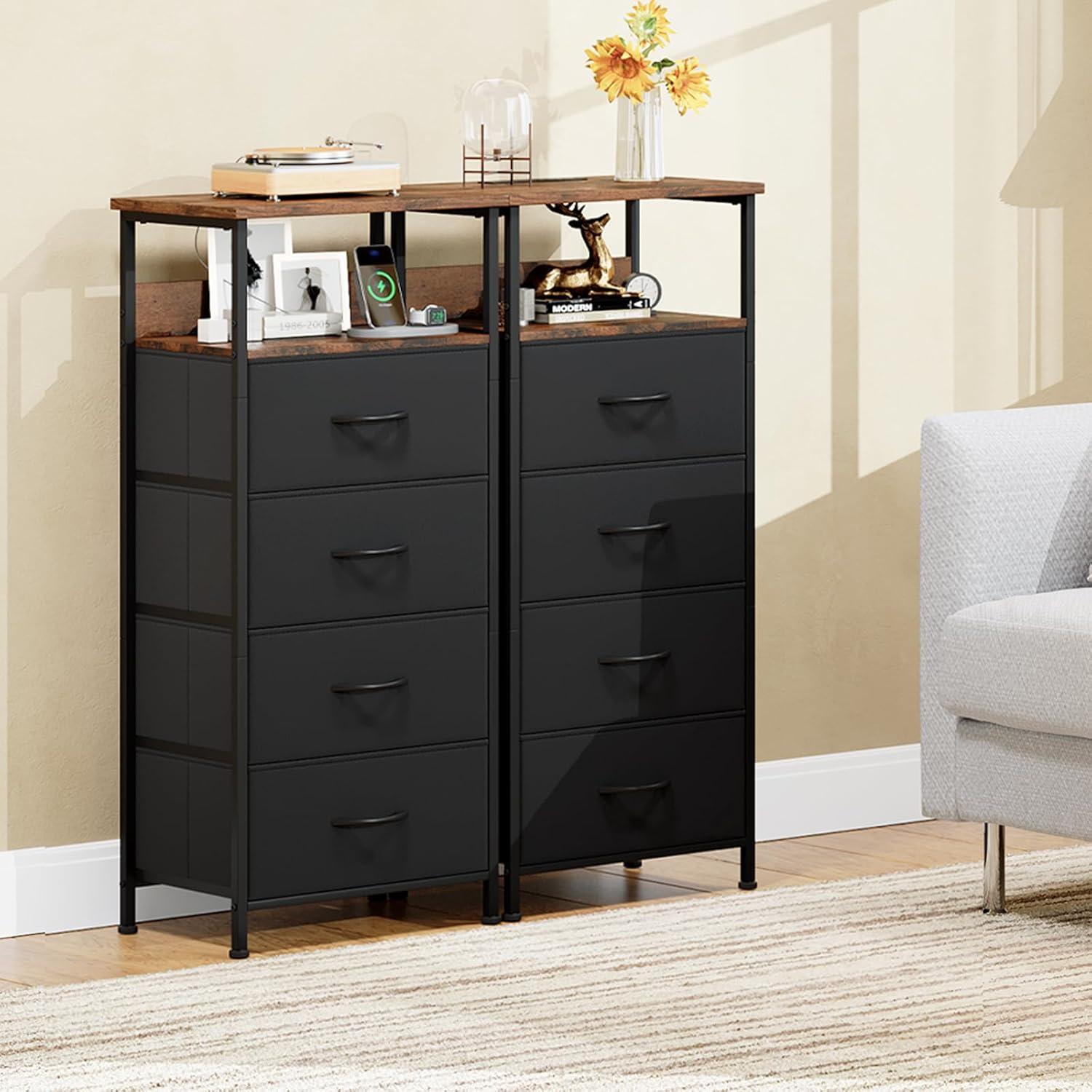 Eunos Black Dresser for Bedroom, 4 Drawer Nightstand with Charging Station, LED and Open Shelf