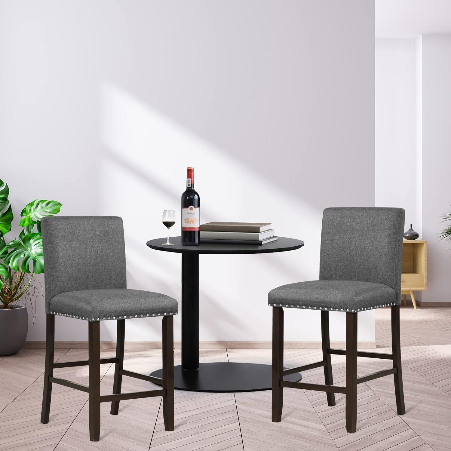 Set of 2 Gray Leather and Wood Bar Stools with Rivet Details