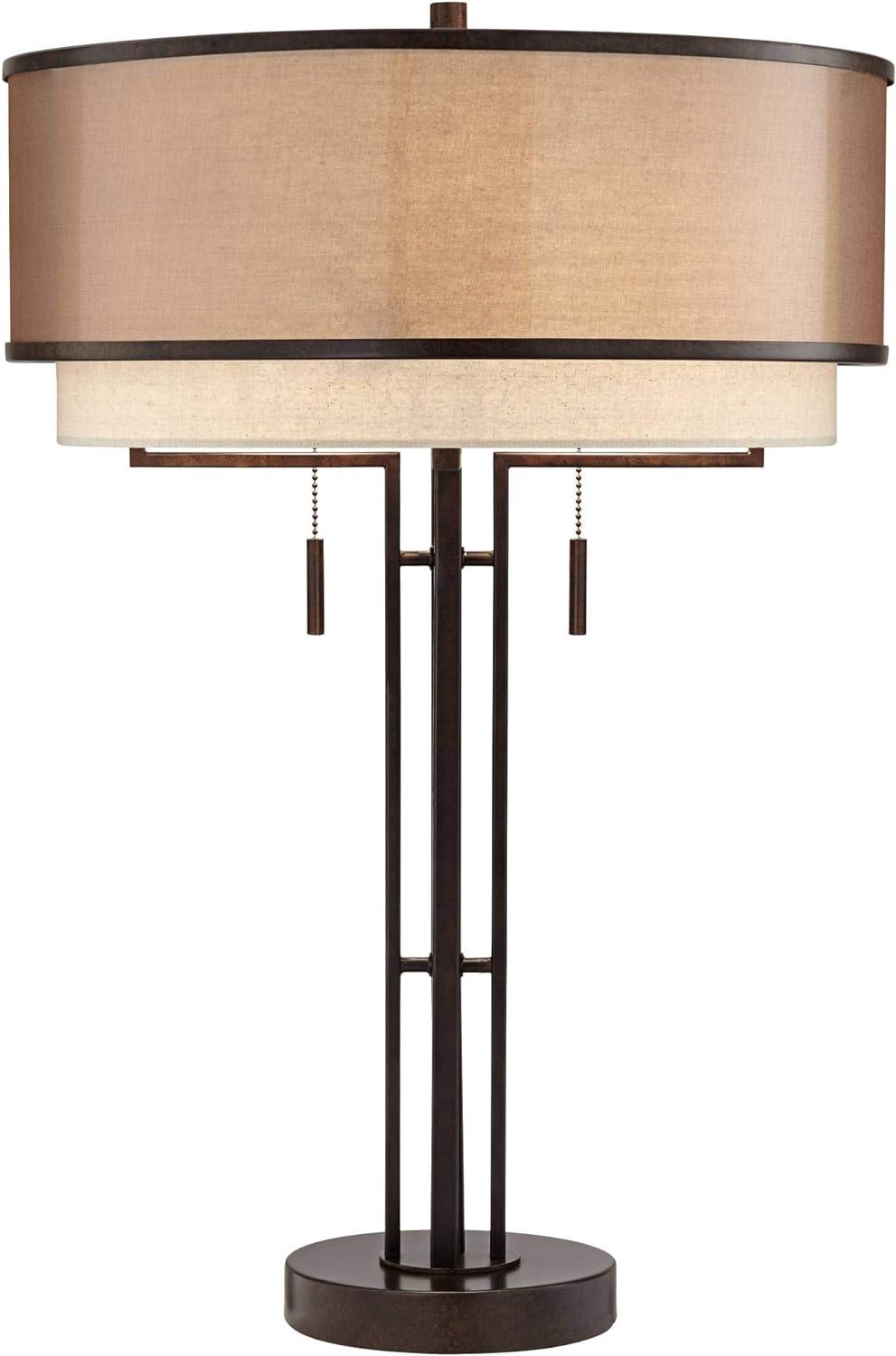 Franklin Iron Works Andes Modern Industrial Table Lamp 27 1/2" Tall Oil Rubbed Bronze Metal Stacked Double Fabric Drum Shade for Bedroom Living Room