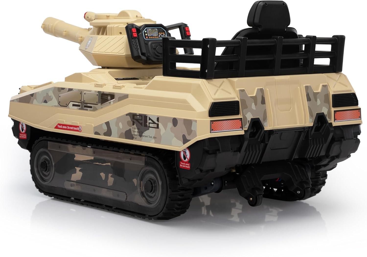 Jaxpety 24 V Kids Ride on Tank Car with Working Cannon and Rotating Turret for Boys and Girls Ages 3-8 Years, Yellow