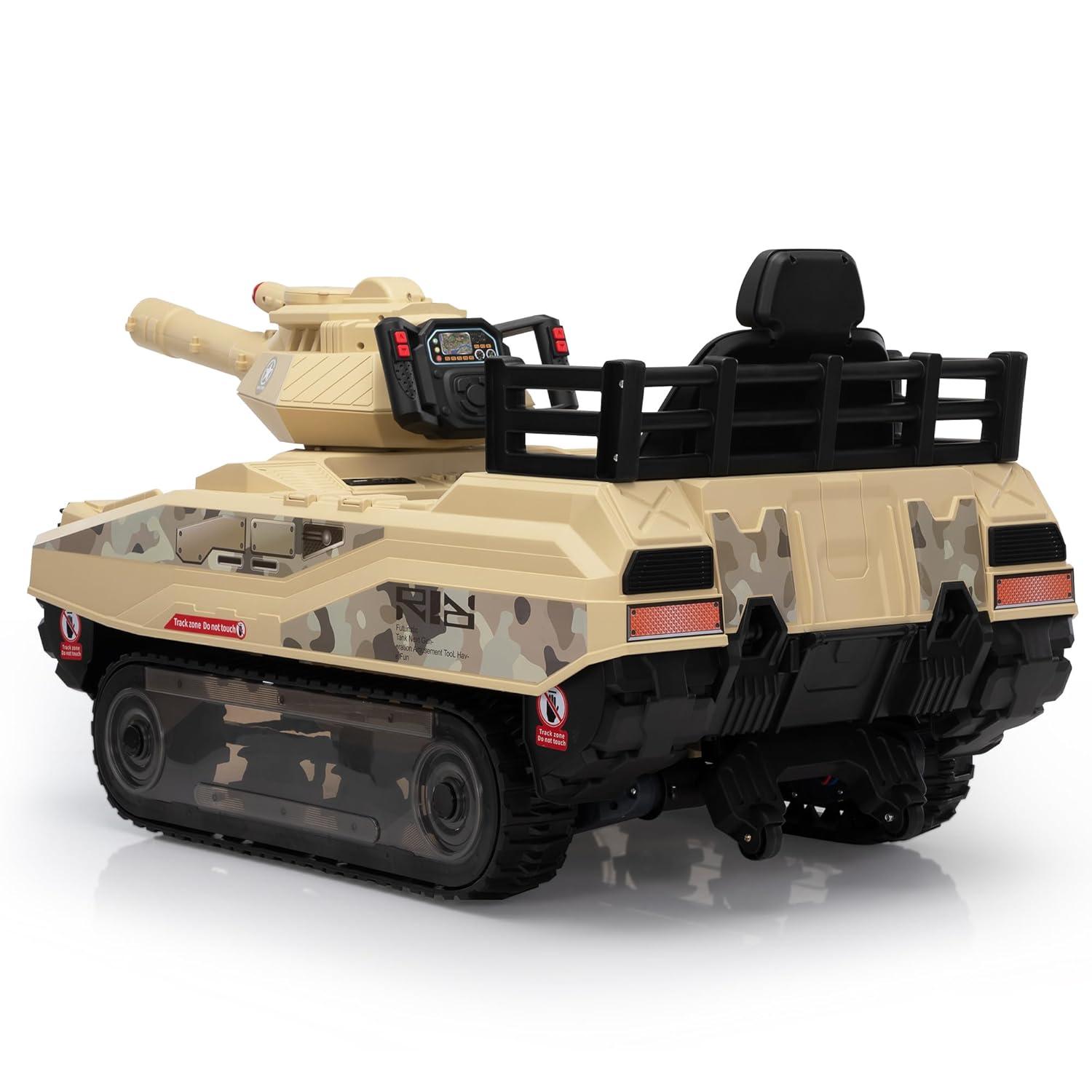 Jaxpety 24 V Kids Ride on Tank Car with Working Cannon and Rotating Turret for Boys and Girls Ages 3-8 Years, Yellow