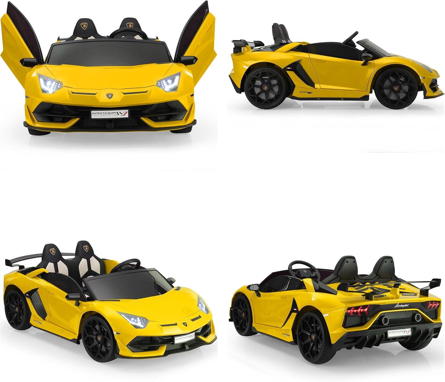 Tobbi 24V Lamborghini 2-seater Battery Powered Ride on with High/Low speed switch, Slow start function, Battery level display, MP3, USB, Light Drift Car for Kids 3-8