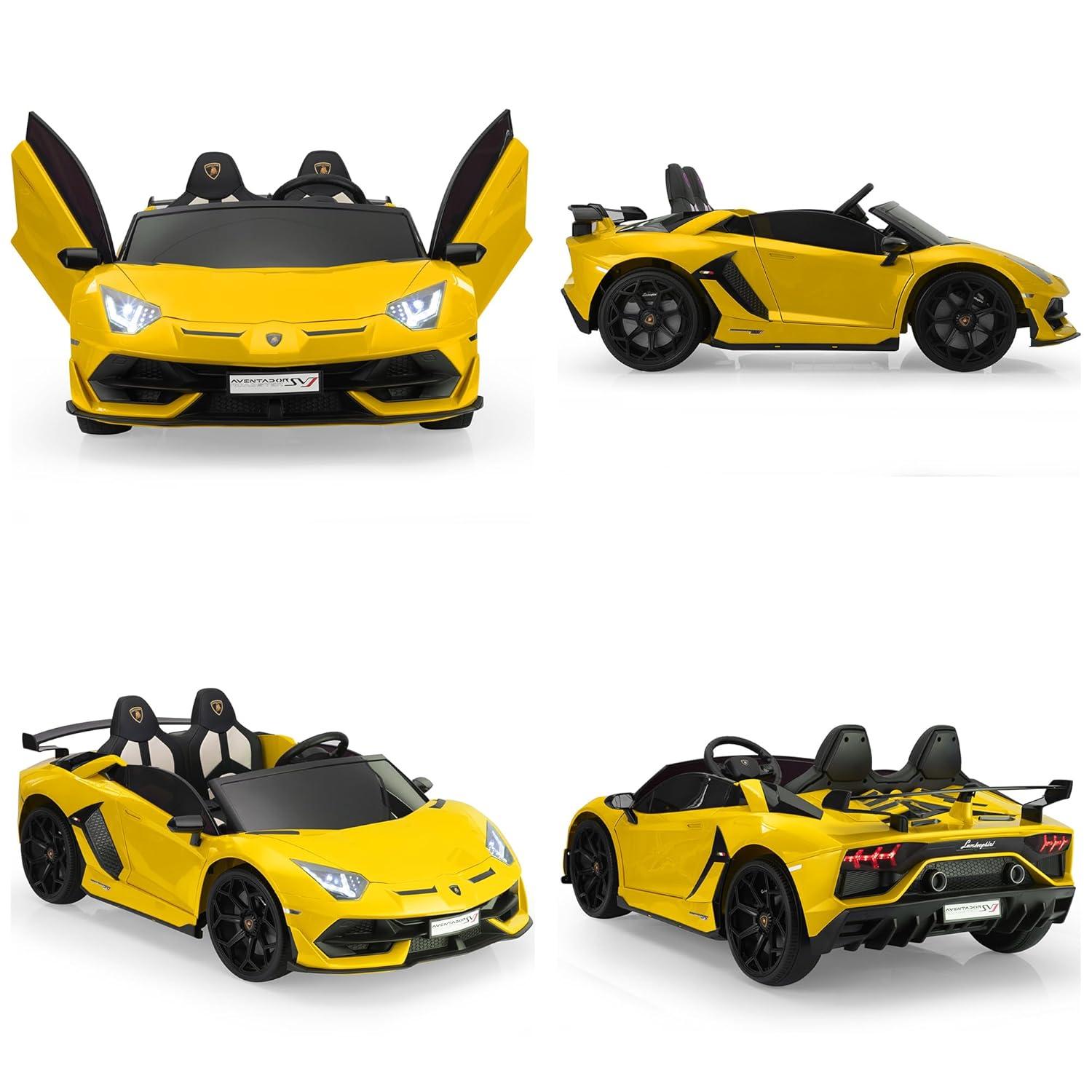 Tobbi 24V Lamborghini 2-seater Battery Powered Ride on with High/Low speed switch, Slow start function, Battery level display, MP3, USB, Light Drift Car for Kids 3-8