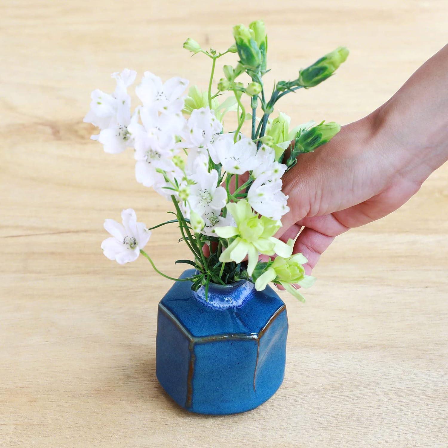 Wazakura Minoyaki Ceramic Small Ikebana Flower Bud Vase Hexagon Shaped Blue Made in Japan