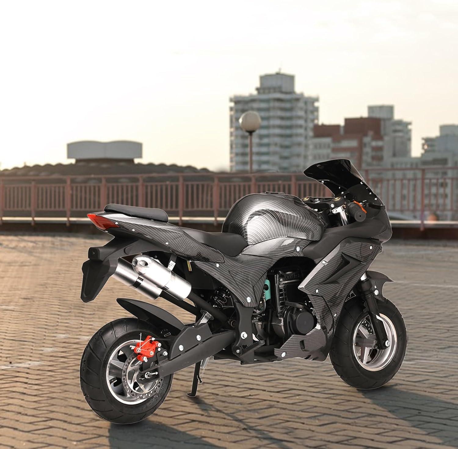 Mini Pocket Bike Motorcycle 49cc 4-Stroke Gas Bike Motorbike with Front Rear Disc Brakes, Gas Pocket Motorbike Racing Max Speed 25MPH, Dual Headlights Black