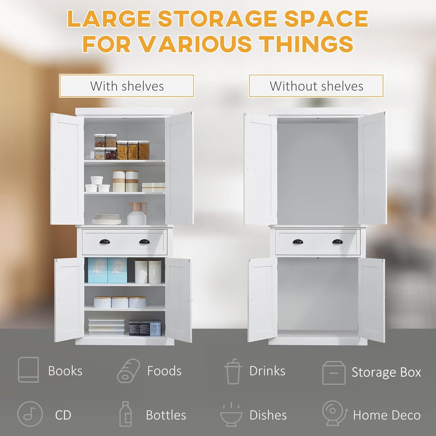 HOMCOM 72.5" Traditional Freestanding Kitchen Pantry Cupboard with 2 Cabinet, Drawer and Adjustable Shelves, White