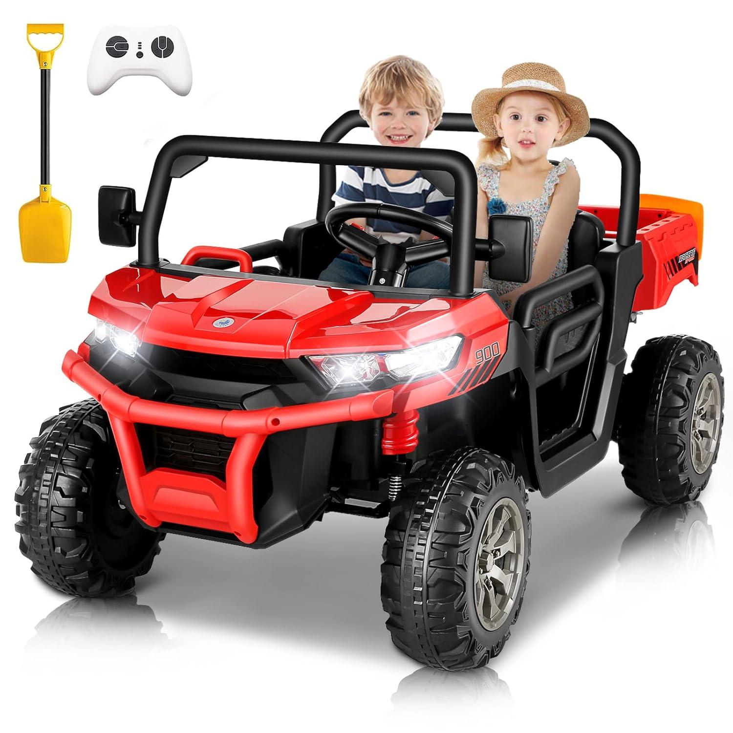 Funride 4WD 24 Volt Ride on Toys with Remote Control, 2 Seater Power Car Wheels UTV Toys, Ride on Truck Car w/ Electric Dump Bed, Shovel, Bluetooth Music