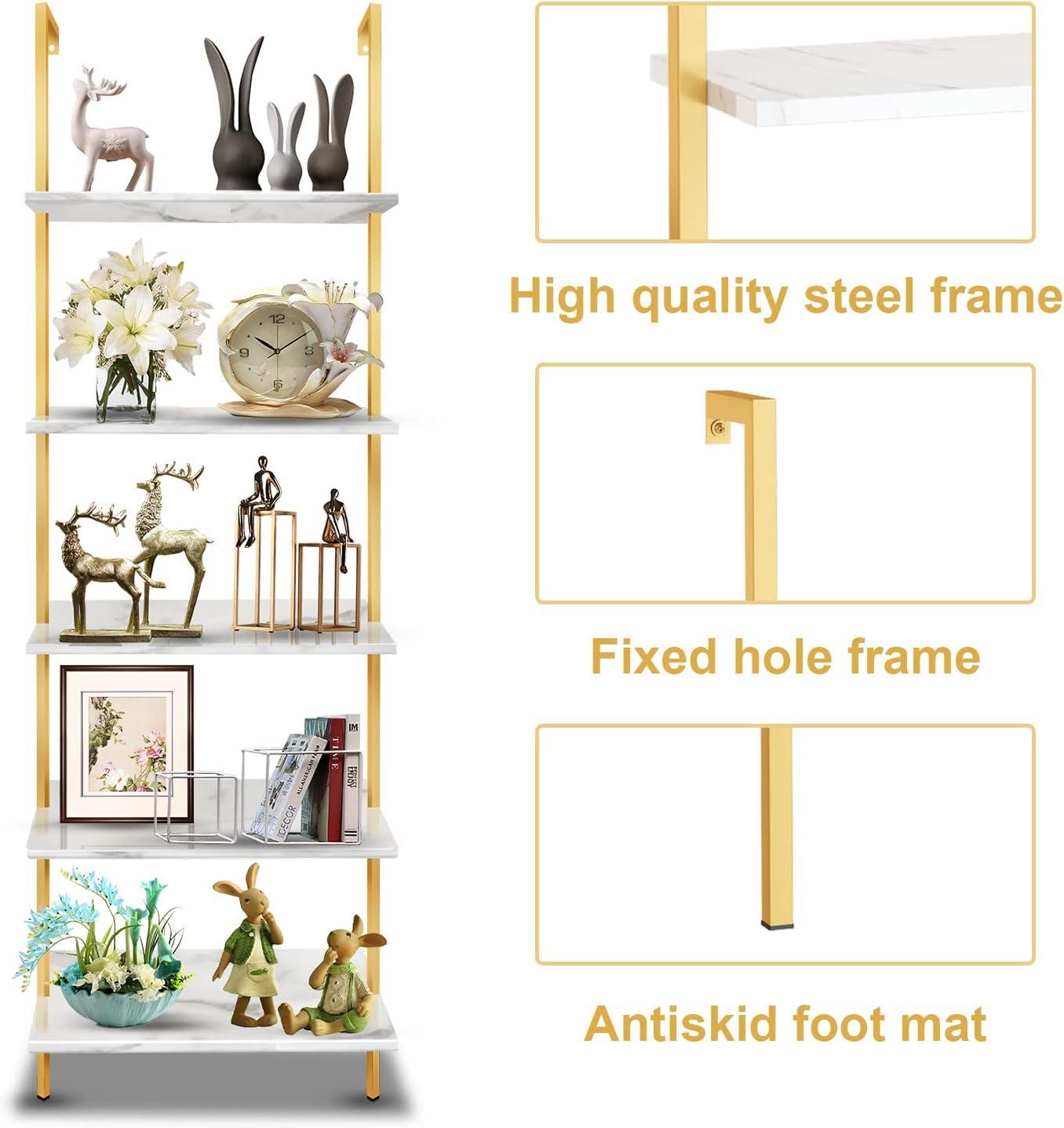 5 Tiers Ladder 2-Piece Shelf White Marble Modern Bookshelf Open Tall Wall Mount Bookcase Standing Leaning Wall Shelves Industrial Decorative