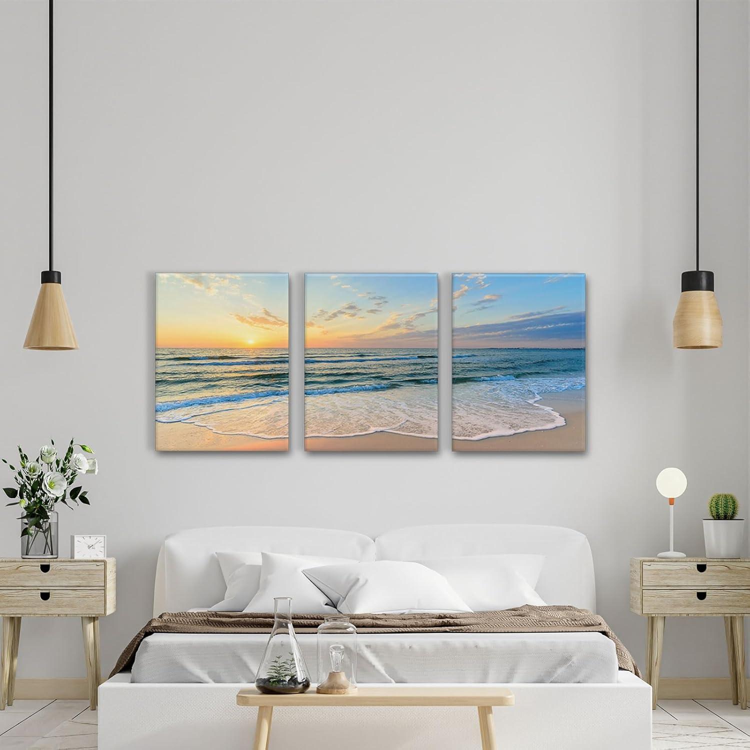 Asdg12s-3 Panel Wall Art Blue Sea Sunset White Beach Painting The Picture Print On Canvas Seascape The Pictures for Home Decor Decoration,Ready to Hang