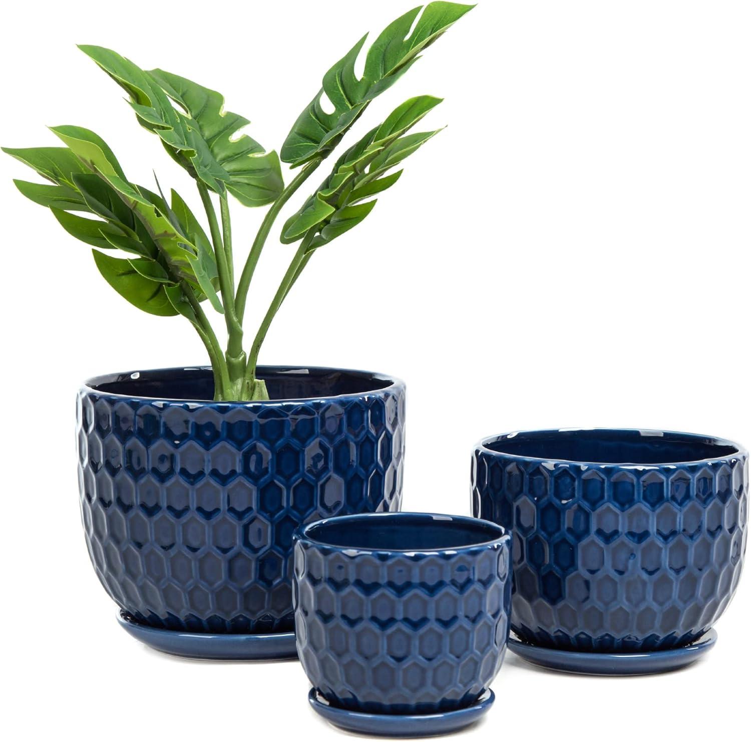 Navy Blue Ceramic Round Planters with Drainage Hole and Saucer, Set of 3