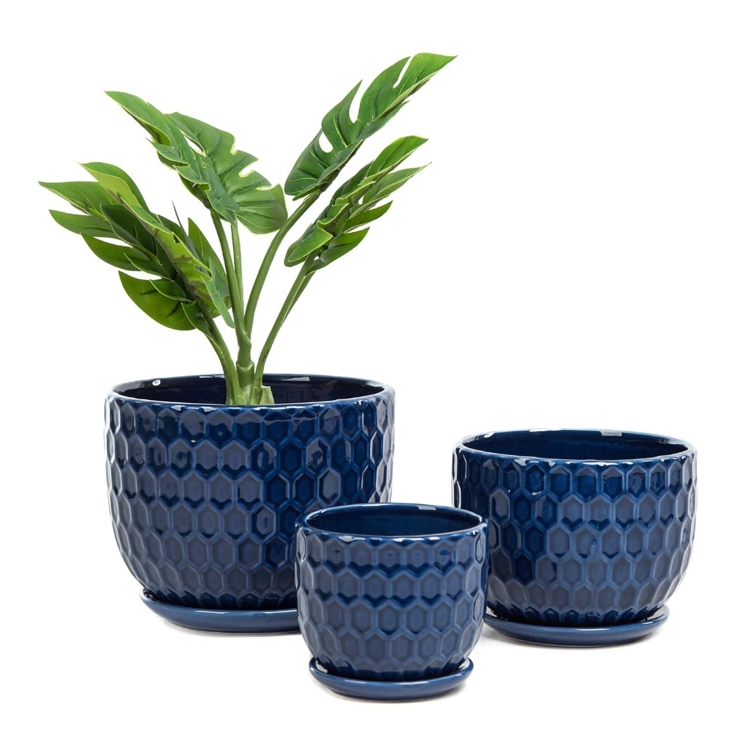 Ceramic Flower Pots with Drainage Hole and Saucer, North European Style Round Indoor Succulent Planters with Honeycomb Inspired Texture Design, Small to Medium-Sized, Set of 3, Navy Blue