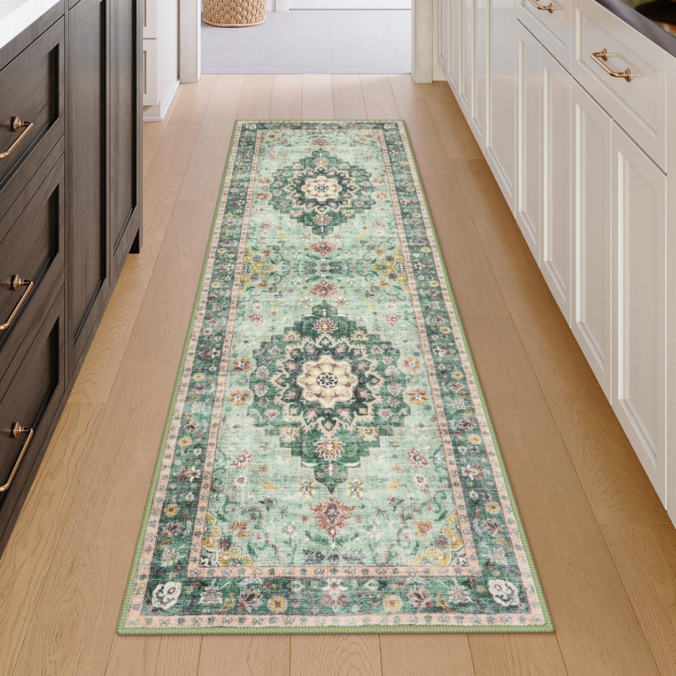 CAROMIO 2' x 6' Runner for Hallway Boho Vintage Rug Non Slip Throw Rugs Floral Bedroom Rug, Green