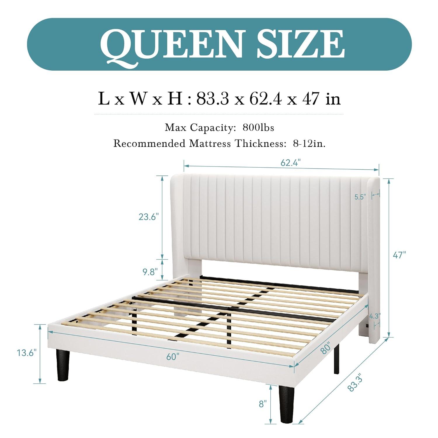 SHA CERLIN Queen Size Velvet Bed Frame with Vertical Channel Tufted Wingback Headboard, Upholstered Platform Bed with Wood Slats, No Box Spring Needed, Easy Assembly, White