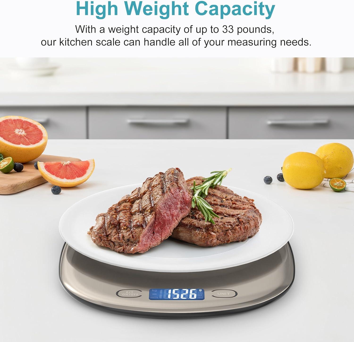Ultrean High Capacity Food Scale, 33lb Rechargeable Digital Kitchen Scale with LCD Display, Slim & Lightweight Design, 1g Precise Graduation, Weight Grams and Ounces for Cooking, Baking & Meal Prep