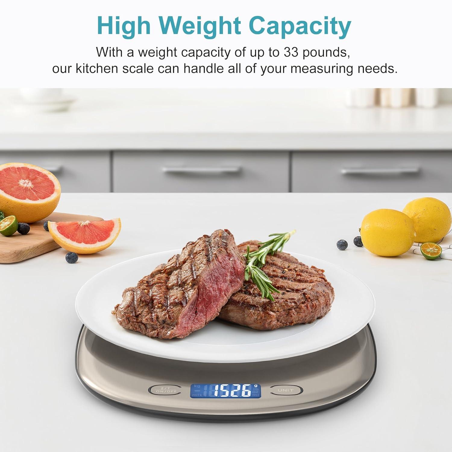 Ultrean High Capacity Food Scale, 33lb Rechargeable Digital Kitchen Scale with LCD Display, Slim & Lightweight Design, 1g Precise Graduation, Weight Grams and Ounces for Cooking, Baking & Meal Prep
