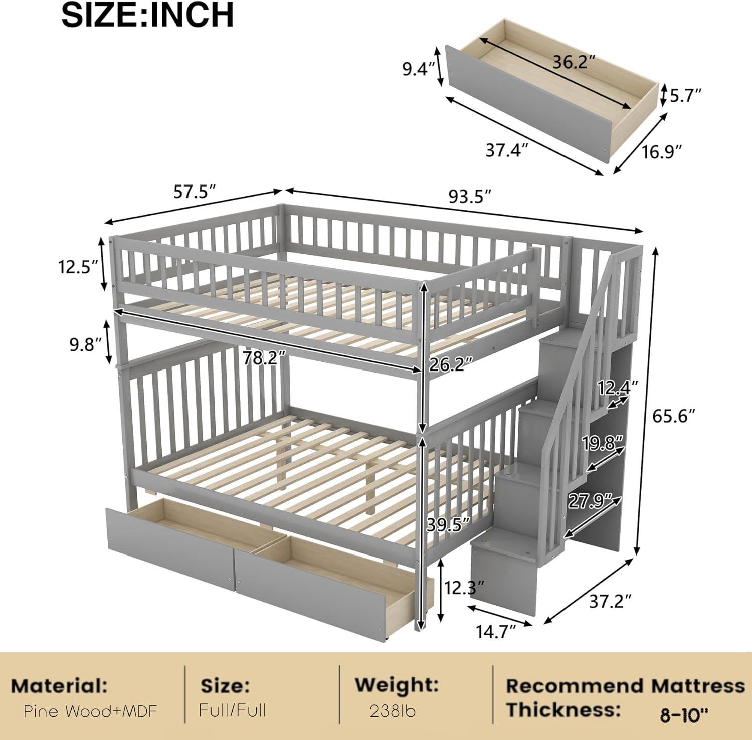 Full Over Full Bunk Beds with Drawers and Stairs Stairway Bunk Bed Frame with Storage Shelves for Kids Teens Adult, Wood Full Bunk Bed for Boys Girls Adults, Gray