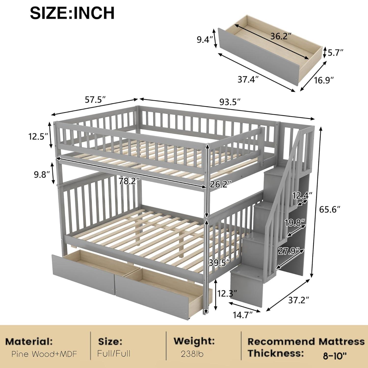 Full Over Full Bunk Beds with Drawers and Stairs Stairway Bunk Bed Frame with Storage Shelves for Kids Teens Adult, Wood Full Bunk Bed for Boys Girls Adults, Gray
