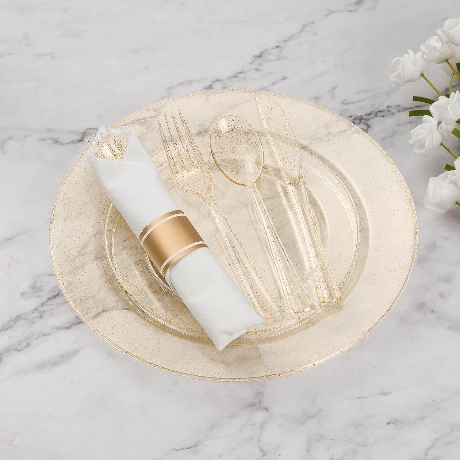 MODERN WALLS LLC 350 Pieces Gold Glitter Dinnerware Set 50 Guest For Party- 50 Dinner Plates, 50 Dessert Plates -50 Per Rolled Napkins With Gold Cutlery - 50 Disposable Cups 9 OZ