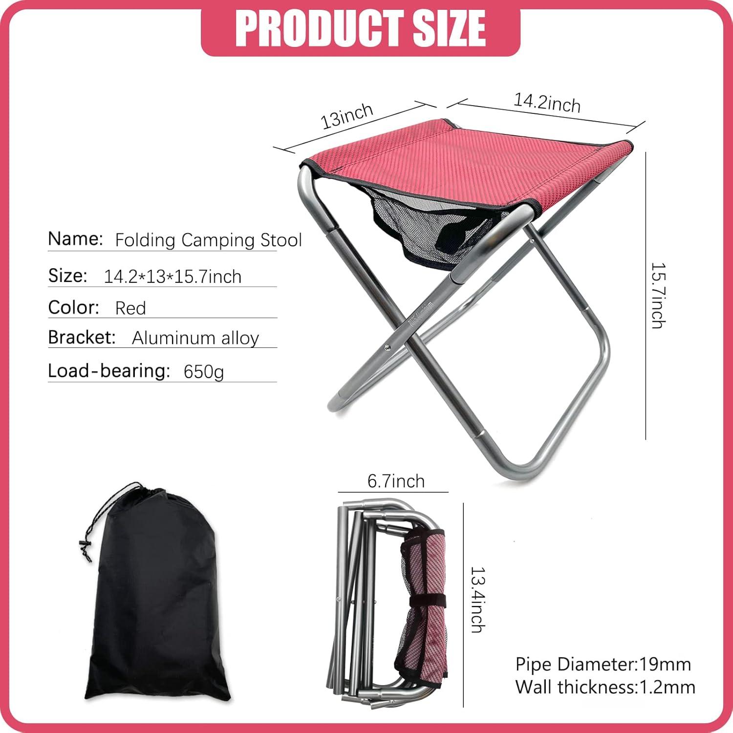 Folding Camping Stool, 16 Inch Tall Portable Folding Stool Aluminum Alloy Lightweight Stool Seat Red Foldable Stool with Carry Bag for Fishing Outdoor Camping Hiking and BBQ