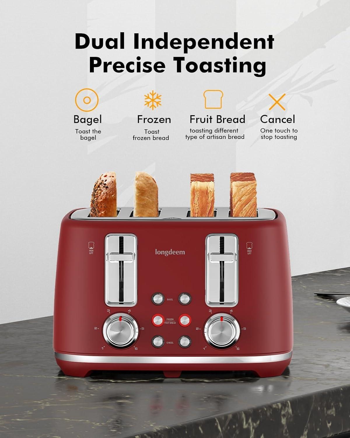 LONGDEEM 4 Slice Toaster, Extra Wide Slots, Longdeem Retro Stainless Steel Toasters, 6 Browning Options, Auto Shut Off & Frozen Function, Toast Fruit Bread, Bagel & Waffle