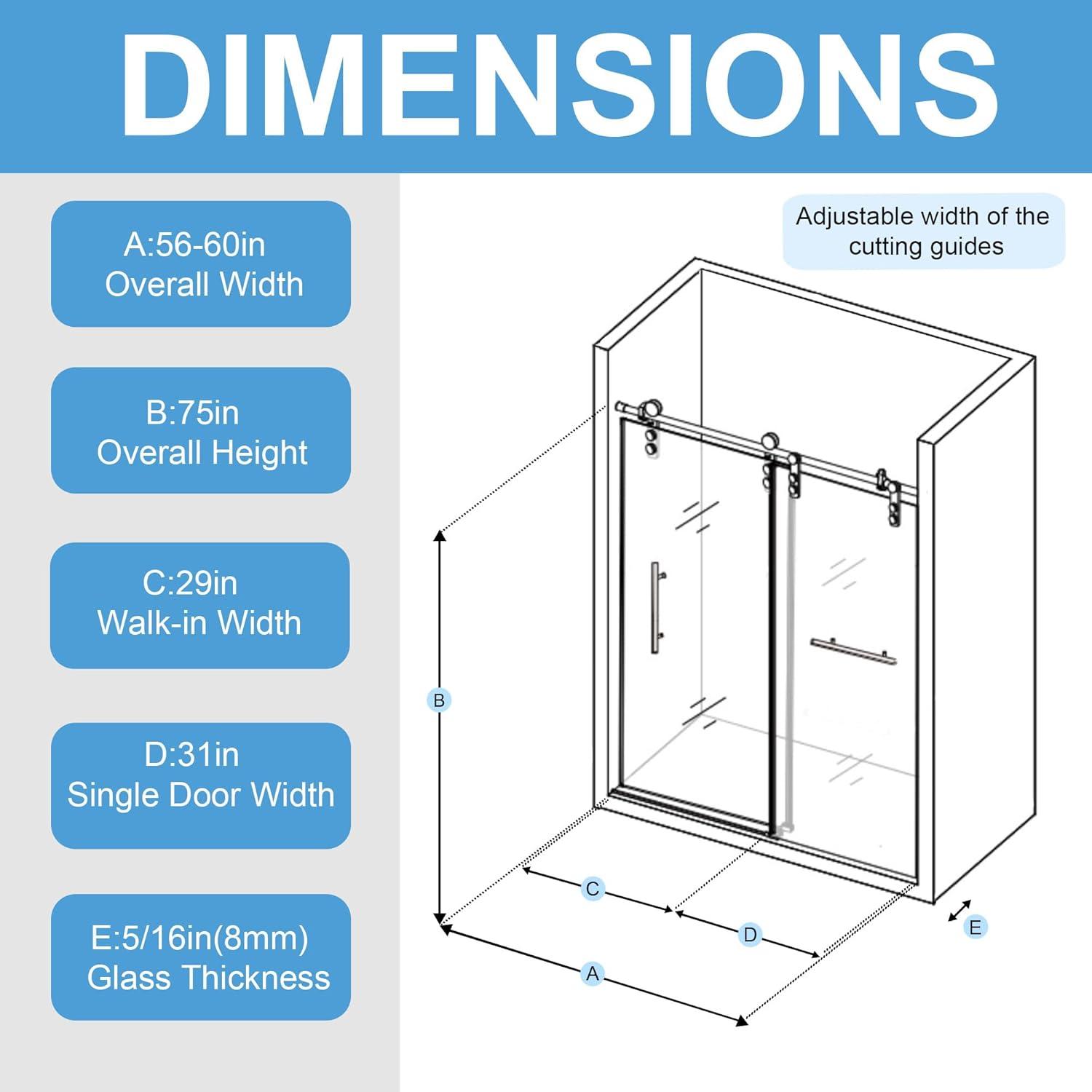 Gotland Frameless Shower Door 56-60" W × 76" H, Sliding Shower Doors with Stainless Steel Handle, Glass Shower Door with 5/16" Clear Tempered Glass