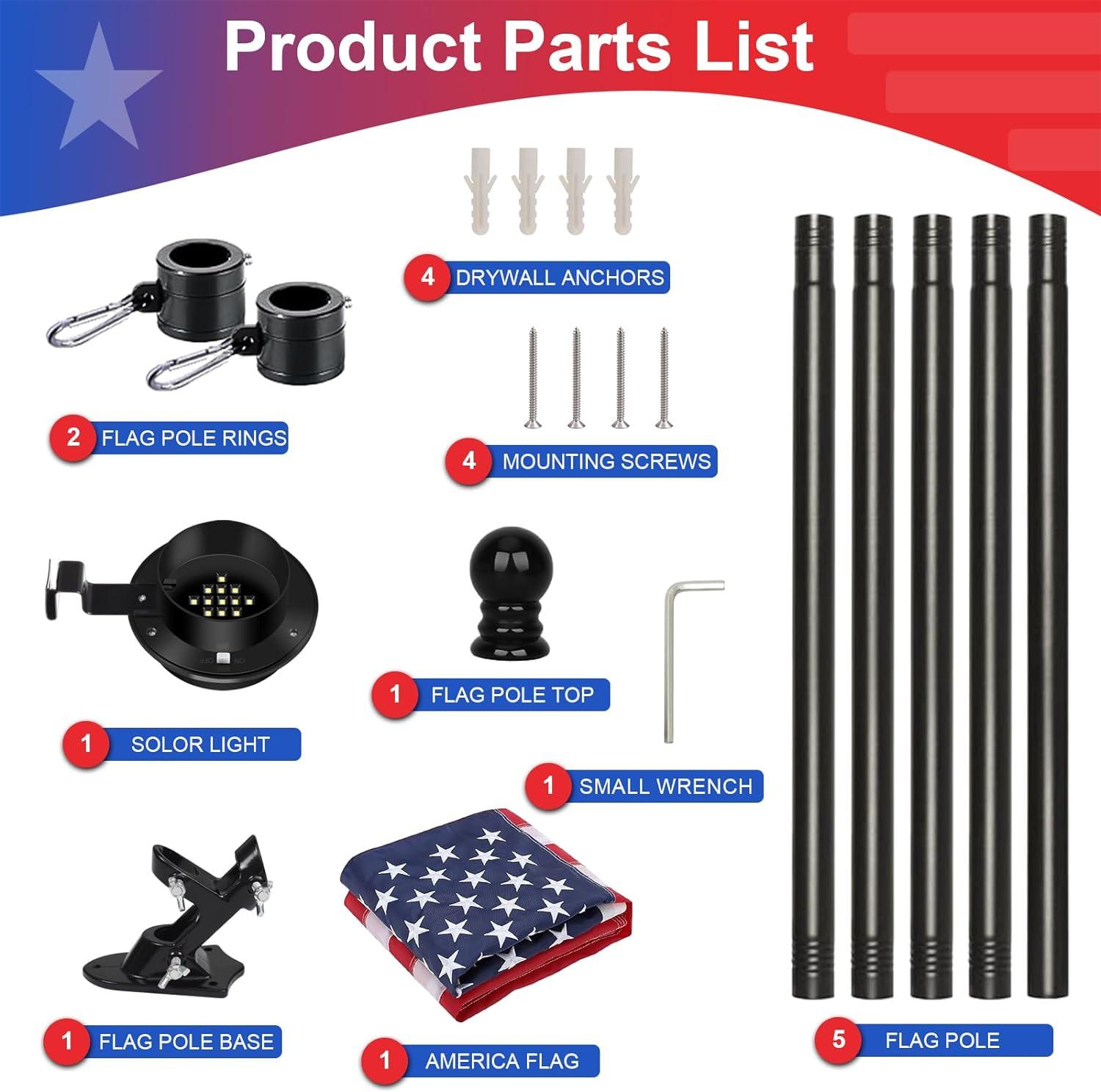 AEASKIEY 5FT Tangle Free Stainless Steel Metal Flag Pole (Black) with 3x5 Embroidered US Flag and Bracket.