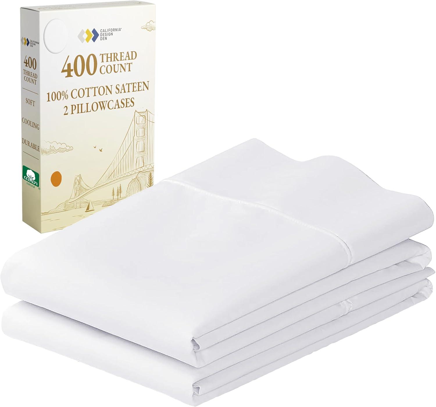 King Size White Cotton Sateen Pillowcases Set