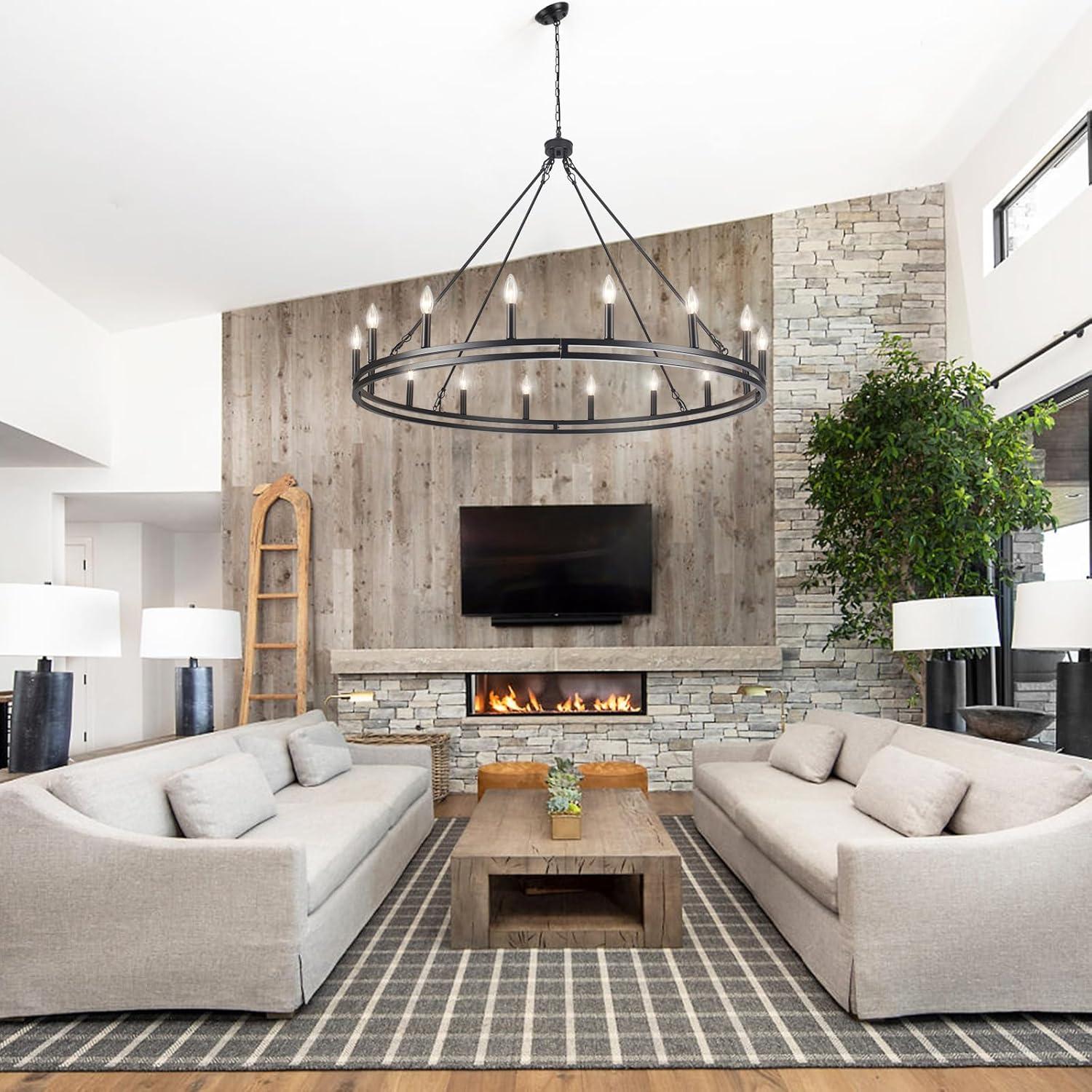 16-Lights Wagon Wheel Chandelier 47 Inch Black Farmhouse Chandelier Large Chandeliers for High Ceilings Round Modern Farmhouse Chandeliers Ceiling Light for Living Room Dining Room Foyer Entryway