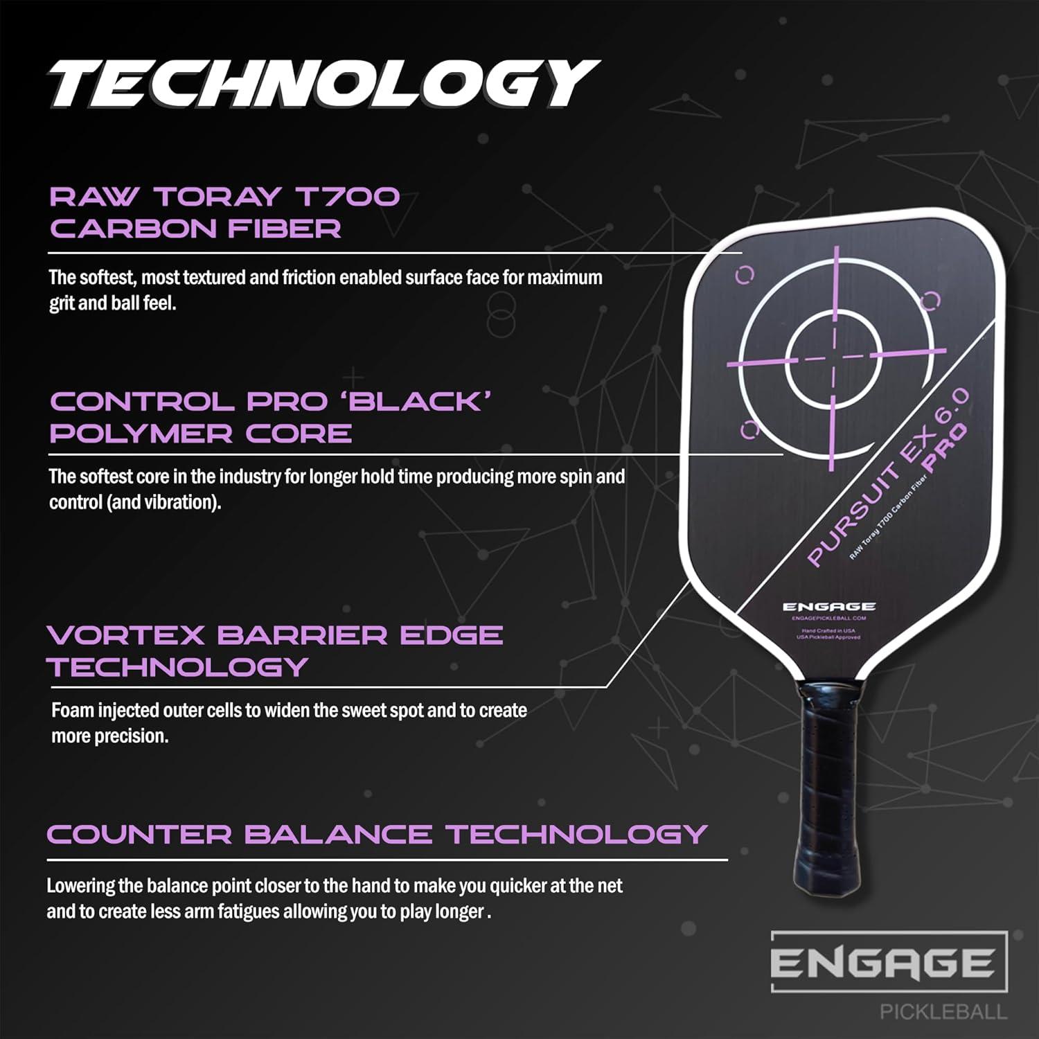 Engage Pursuit Pro EX 6.0 Pickleball Paddle – Widebody Shape, Raw T700 Toray Carbon Fiber Face, 16mm Control Pro Core, (Deep Magenta, LITE)
