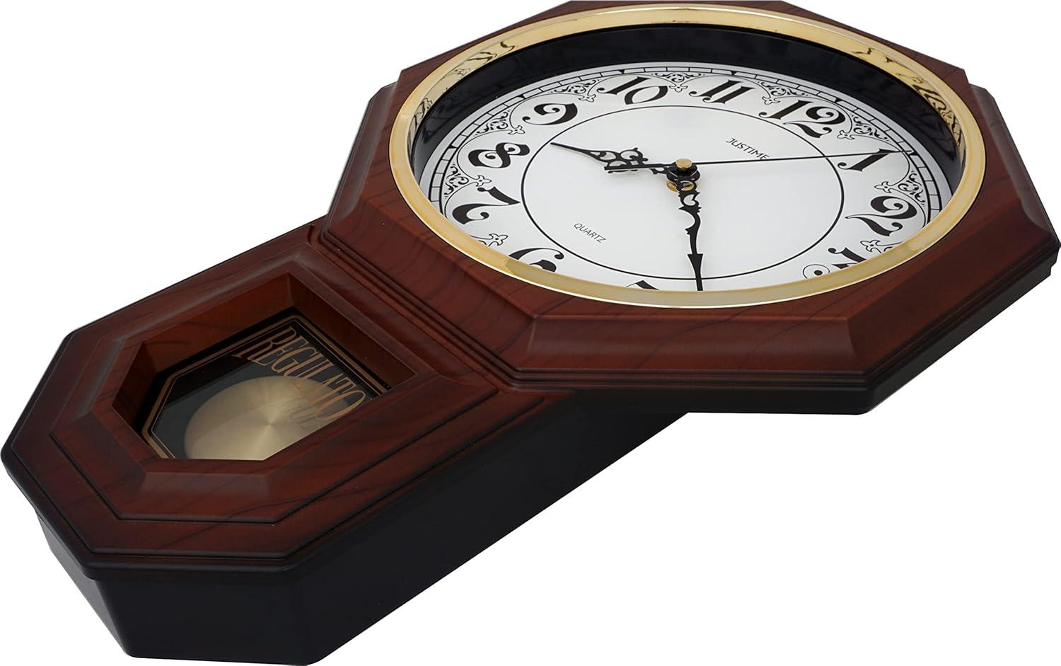 JUSTIME Traditional Schoolhouse Classic Vintage Arabic Regulator Wall Clock, Chiming Wall Clocks with Pendulum & Westminster Chime Hourly, Schoolhouse Wall Decor Battery Operated (Dark Wood Grain)