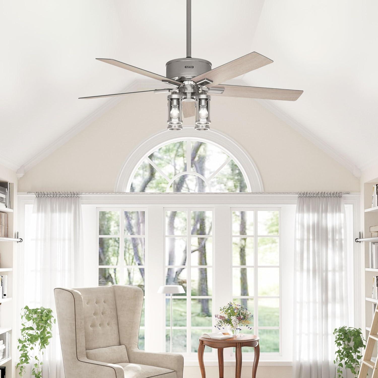 Hunter - Astwood II  Indoor Ceiling Fan With Light, Remote, 52-inch, Brushed Nickel, Casual-style, 4-speed WhisperWind Motor, 52993, for living rooms, bedrooms, home offices, kitchens
