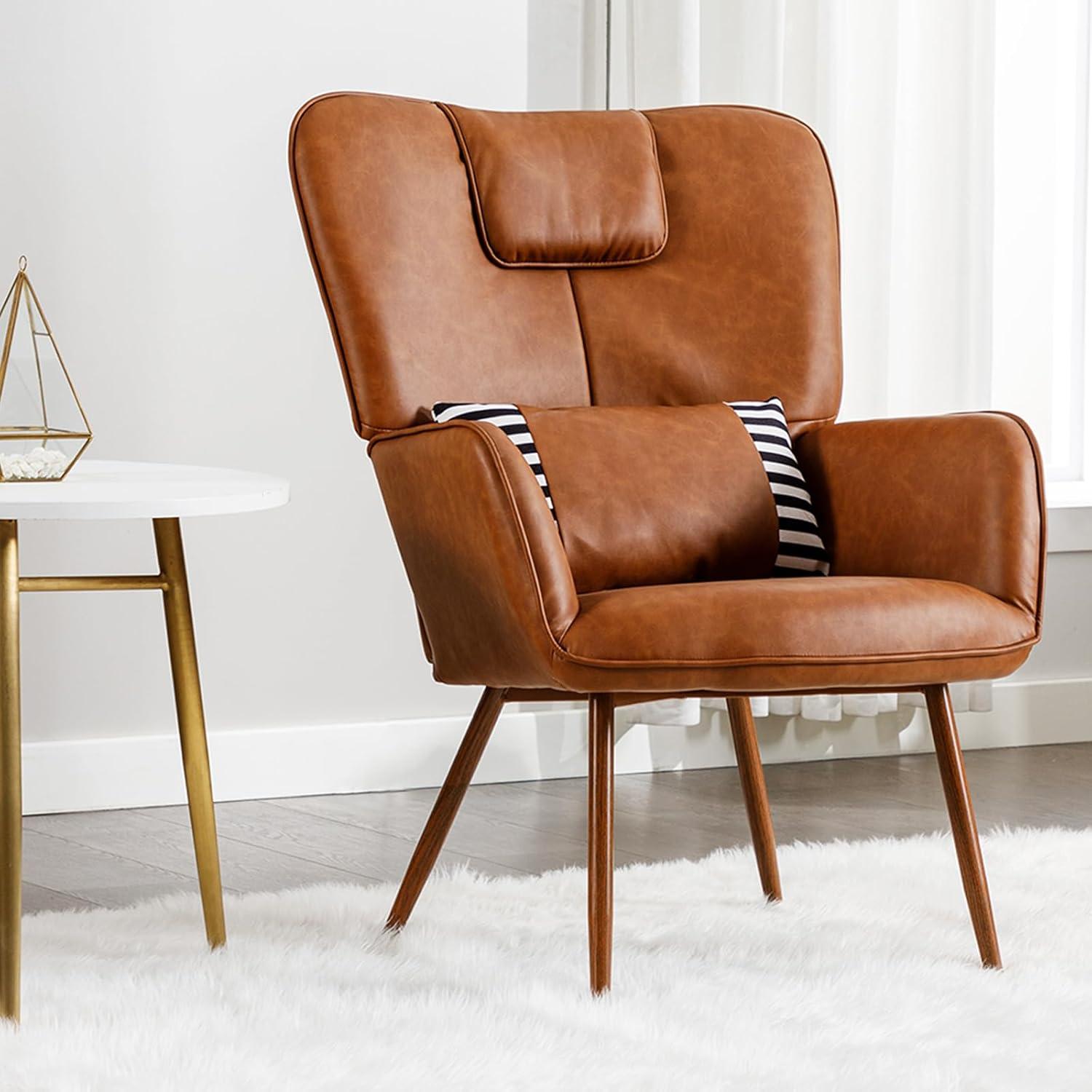 Faux Leather Wingback Chair, Arm Chair, Upholstered Living Room Chairs, Brown Accent Chair, Accent Chairs for Living Room, Bedroom, Office and Study
