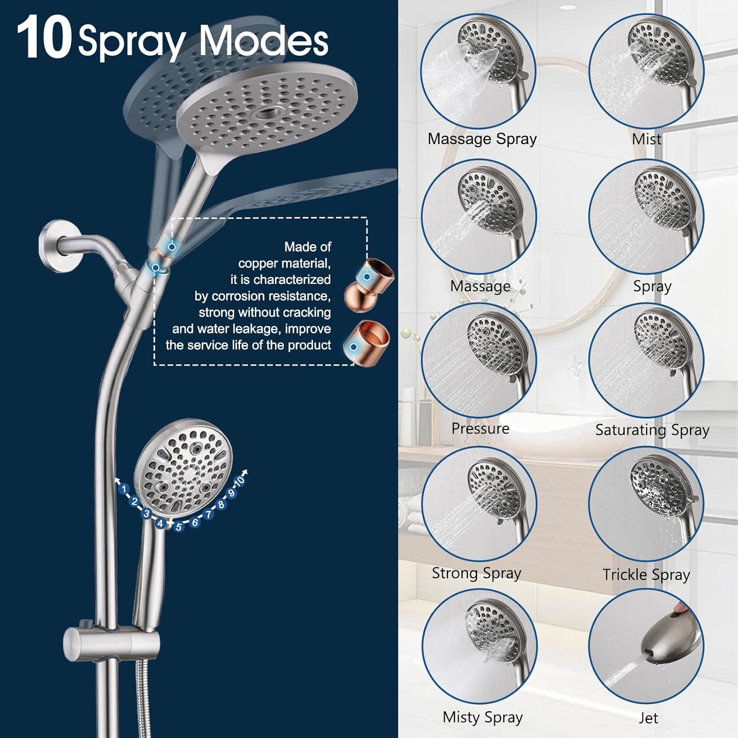 Rainfall Shower Head with Handheld Shower Spray, with 26" Drill Free Adjustable Height Slider Bar, High Pressure Dual Shower Head Combo, 3-Way Diverter for Easy Reach, 5Ft Hose - Chrome Finish