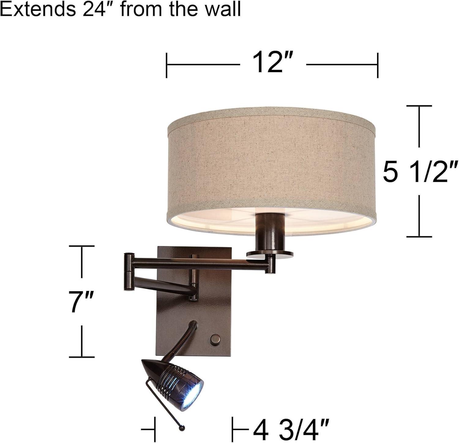 Possini Euro Design Radix Modern Swing Arm Wall Lamp Bronze with Cord Cover LED Reading Light Plug-in Light Fixture Oatmeal Shade for Bedroom Bedside