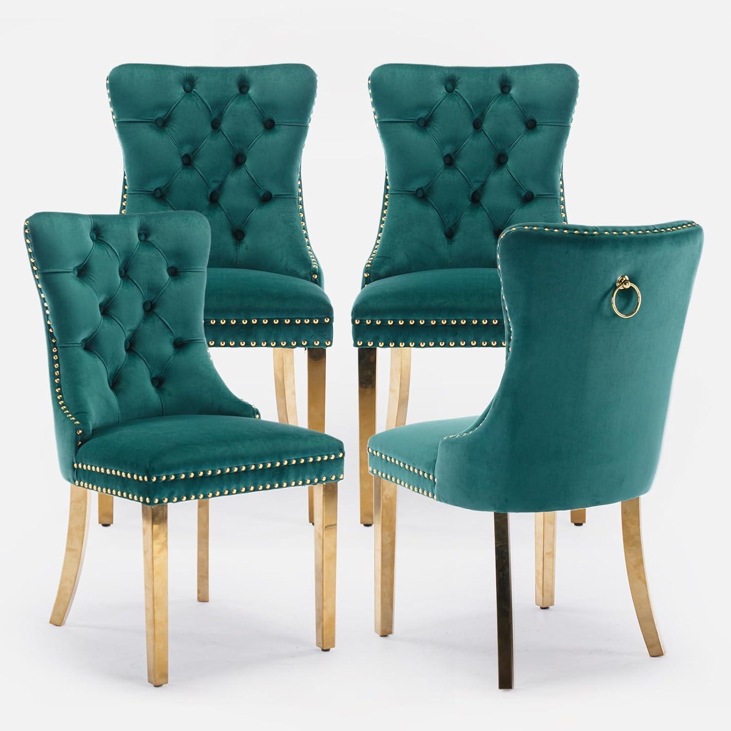 Green Velvet Upholstered Dining Chairs with Gold Legs, Set of 4