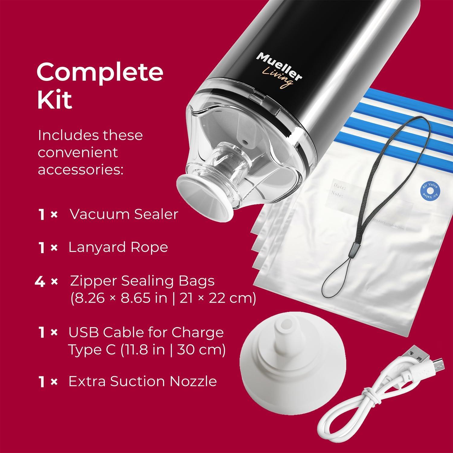 Mueller Food Storage Vacuum Sealer, Cordless with 4 Starter Bags, Black