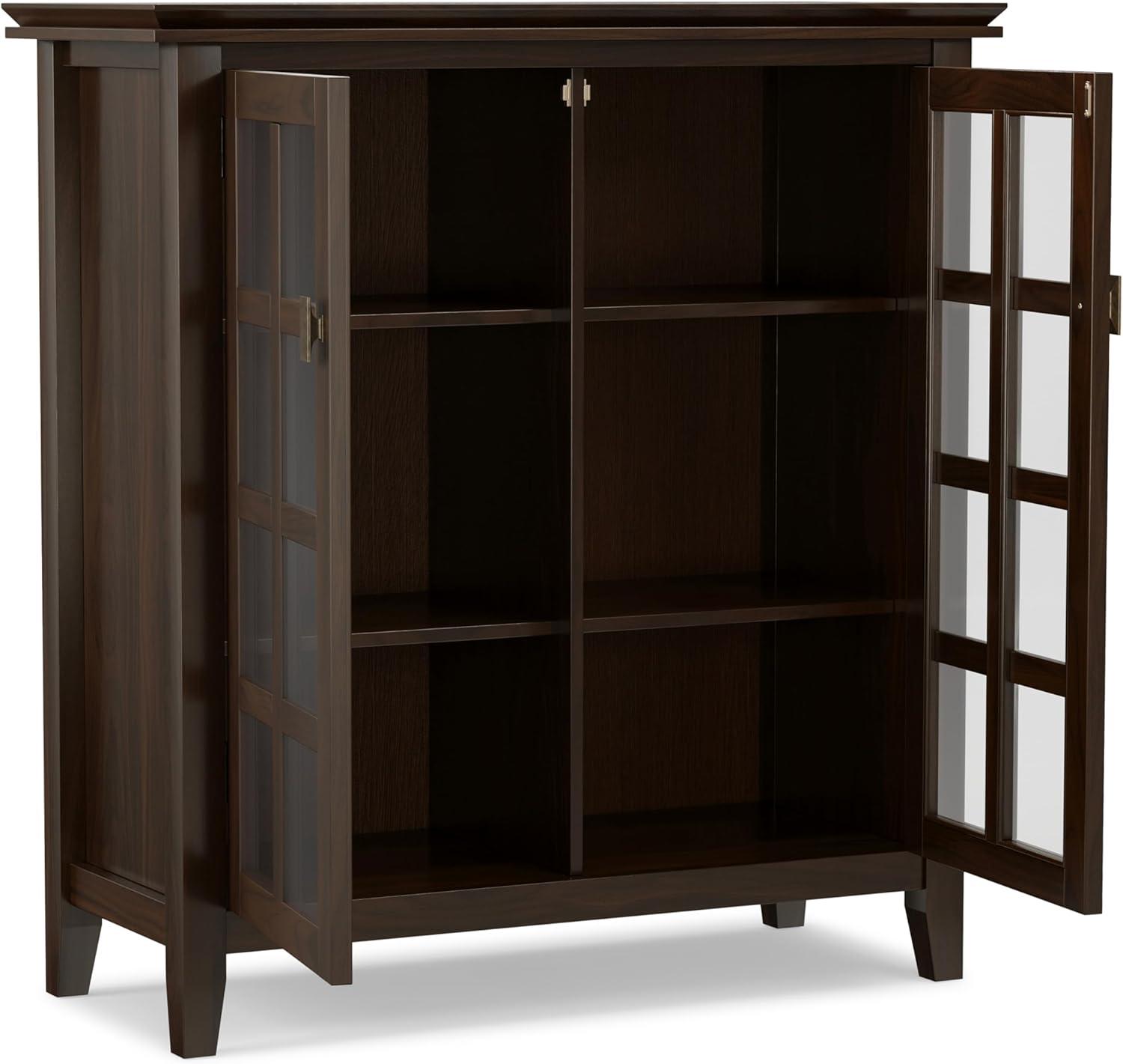 Simpli Home Artisan 38"W Solid Wood 4-Shelf Medium Storage Cabinet with Glass Doors and Adjustable Shelves