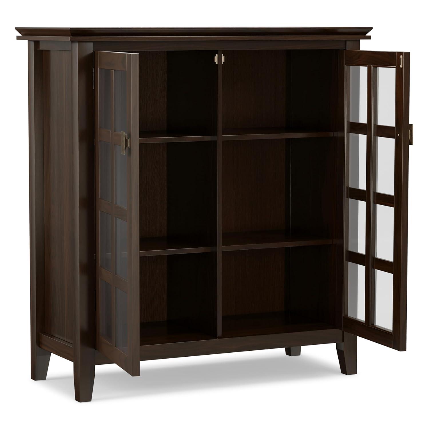 Simpli Home Artisan 38"W Solid Wood 4-Shelf Medium Storage Cabinet with Glass Doors and Adjustable Shelves